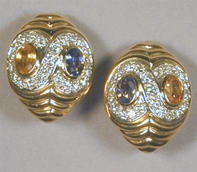 Lot 327 - Pair of Gold, Diamond and Sapphire Earclips 18...