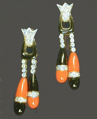 Lot 420A - Pair of Art Deco Style Black Onyx and Coral...
