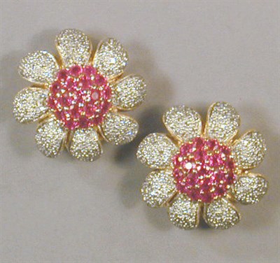 Lot 474 - Pair of Ruby and Diamond Flowerhead Earrings...