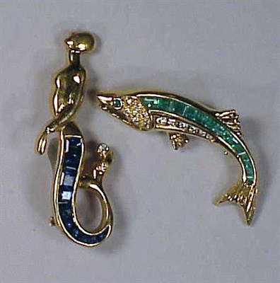 Lot 148 - Gold, Diamond and Multicolored Stone Fish and...