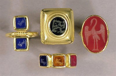 Lot 77 - Four Assorted Gold and Intaglio Rings 18 kt....