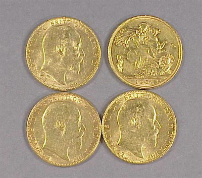 Lot 28 - Four Gold Coins Great Britain, four Sovereigns,...