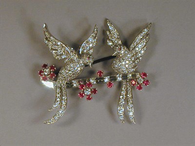 Lot 525 - Pave Diamond and Ruby Bird Pin Platinum,...
