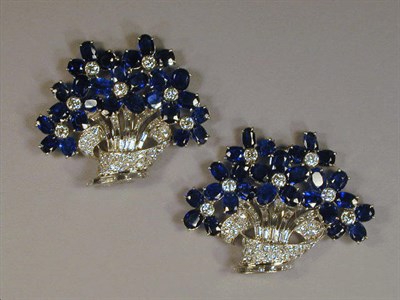 Lot 550 - Sapphire and Diamond Double Clip Platinum,...
