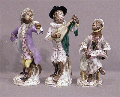 Lot 579 - Group of Three Meissen Porcelain Monkey Band...