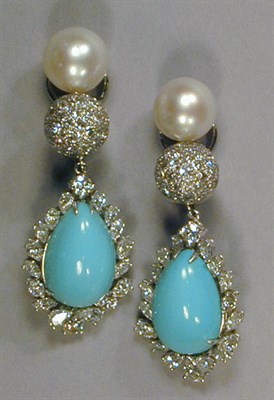 Lot 603 - Pair of Cultured Pearl, Diamond and Turquoise...