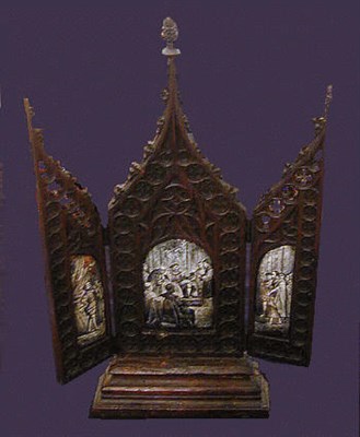 Lot 563 - French Enamel and Carved Wood Triptych...