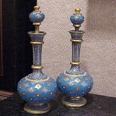 Lot 199 - Pair of Bohemian Enameled Glass Perfume Bottles