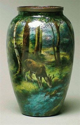 Lot 404 - French Enamel Vase Of ovoid form, decorated...