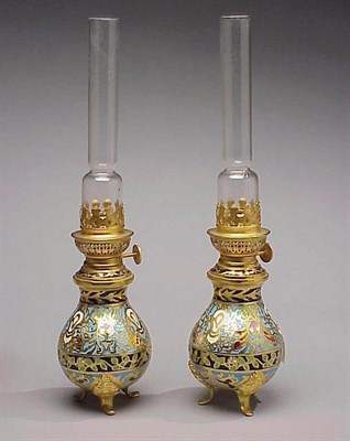 Lot 532 - Pair of Gilt-Bronze and Champleve Enamel Lamps...