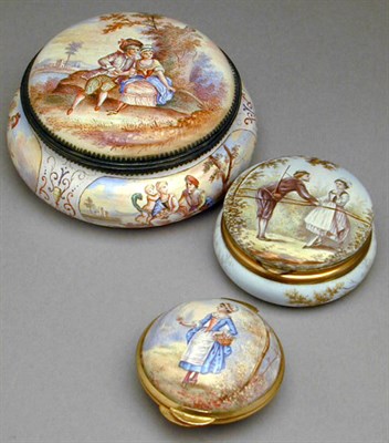 Lot 414 - Group of Three French Enamel Covered Boxes...