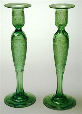 Lot 472 - Pair of Cut Glass Candlesticks In light green,...