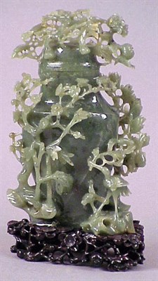 Lot 593 - Chinese Green Jade Covered Vase Elaborately...