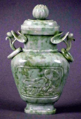 Lot 113 - Chinese Mottled Pale Green Jade Covered Vase
