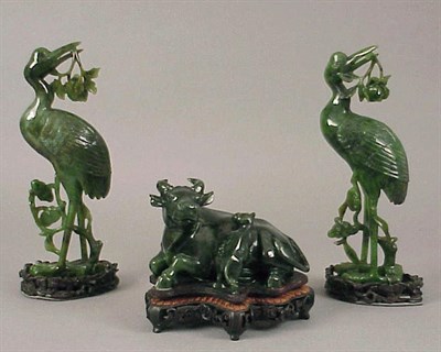 Lot 598 - Pair of Chinese Dark Green Jade Cranes and a...