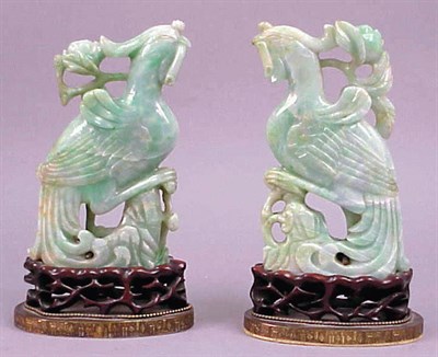 Lot 596 - Pair of Chinese Jade Phoenixes on Wood and Art...