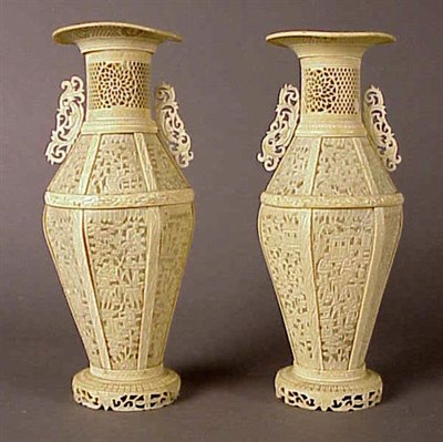 Lot 202 - Pair of Export Pierced and Carved Ivory Vases...