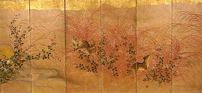 Lot 76 - Good Six-Fold Screen of a Pair of Deer in...