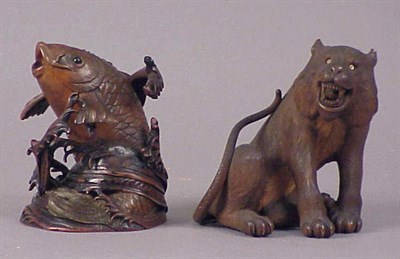 Lot 136 - Two Japanese Wood Carvings of a Tiger and Carp