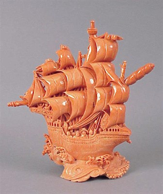 Lot 138 - Large Chinese Coral Carving of a European Ship...