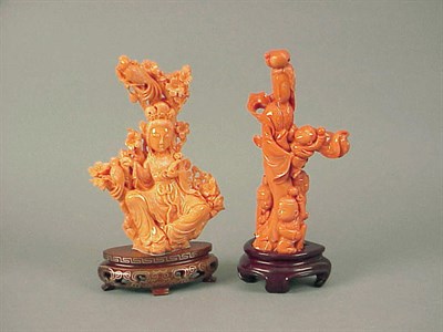 Lot 139 - Two Chinese Coral Carvings of Guanyin One with...