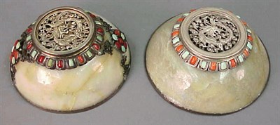 Lot 575 - Two Mongolian Style Silver and Jade Mounted Bowls