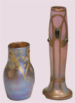 Lot 380 - Austrian Brass Overlay Iridescent Glass Vase...