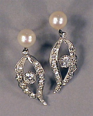 Lot 551 - Pair of Diamond and Cultured Pearl Earrings 14...
