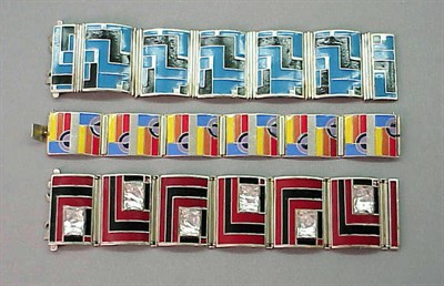 Lot 69 - Group of Three Geometric Enamel Bracelets...