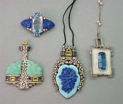 Lot 97 - Three Jeweled Pendant Necklaces and Pin French,...