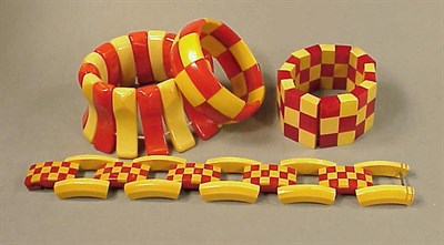 Lot 466 - Group of Four Bakelite Two-Color Bracelets...