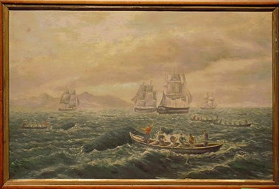 Lot 26 - American School 19th Century WHALING OFF SHORE...
