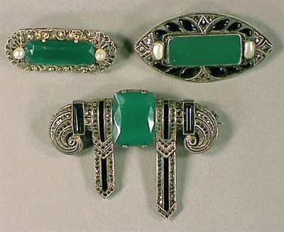 Lot 110 - Three Theodor Fahrner Green Stone Pins Late...
