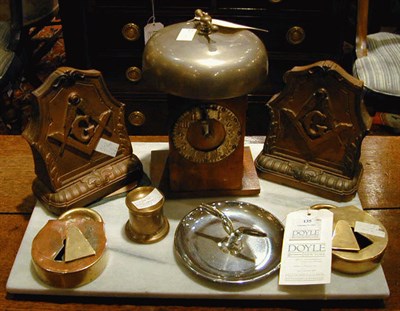Lot 135 - Group of Eight Brass and Wood Desk Accessories