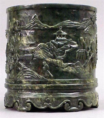 Lot 156 - Chinese Dark Green Jade Brushpot and Jade Stand