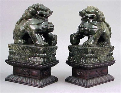 Lot 564 - Pair of Chinese Dark Green Jade Fu Lions Wood...
