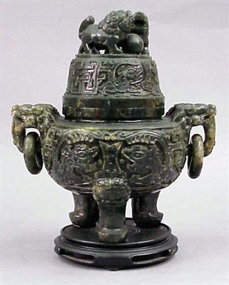 Lot 565 - Chinese Dark Green Jade Covered Koro Wood base.