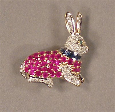 Lot 212 - Diamond, Emerald, Ruby and Sapphire Rabbit Pin...