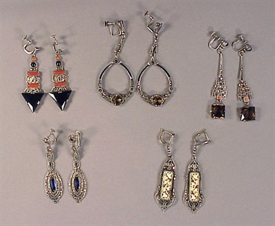 Lot 95 - Five Pairs Art Deco Jeweled Drop Earrings Most...