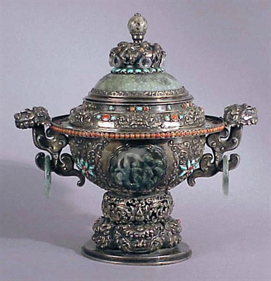 Lot 210 - Mongolian Style Silver and Jade-Mounted Koro...