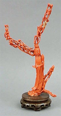 Lot 163 - Chinese Coral Carving of Guanyin and Boys