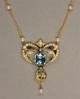 Lot 268 - Aquamarine and Natural Pearl* Pendant Necklace...