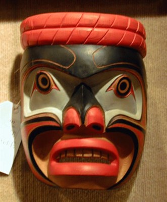 Lot 117 - Northwest Coast Polychrome Wood Face Mask Stan...