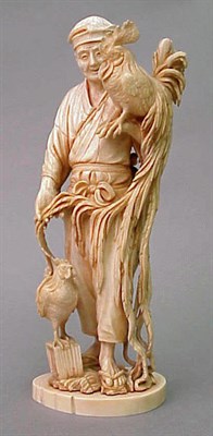 Lot 115 - Large Ivory Figure of a Farmer with Cockerels...