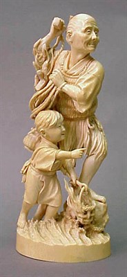 Lot 114 - Large Single Piece Ivory Group of a Boatman...