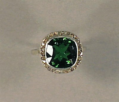 Lot 370 - Green Tourmaline and Diamond Cluster Ring 14...