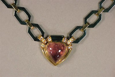 Lot 219 - Diamond and Pink Tourmaline Pendant Necklace...