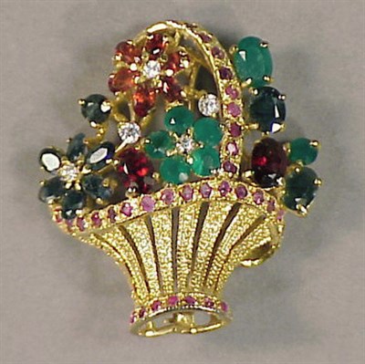 Lot 38 - Gold and Multicolored Stone Basket Pin 14 kt....