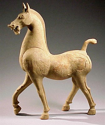 Lot 158 - Buff-Red Sichuan Pottery Model of a Prancing...