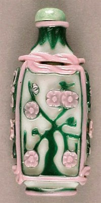 Lot 254 - Pink and Green Overlay on White Glass Snuff...